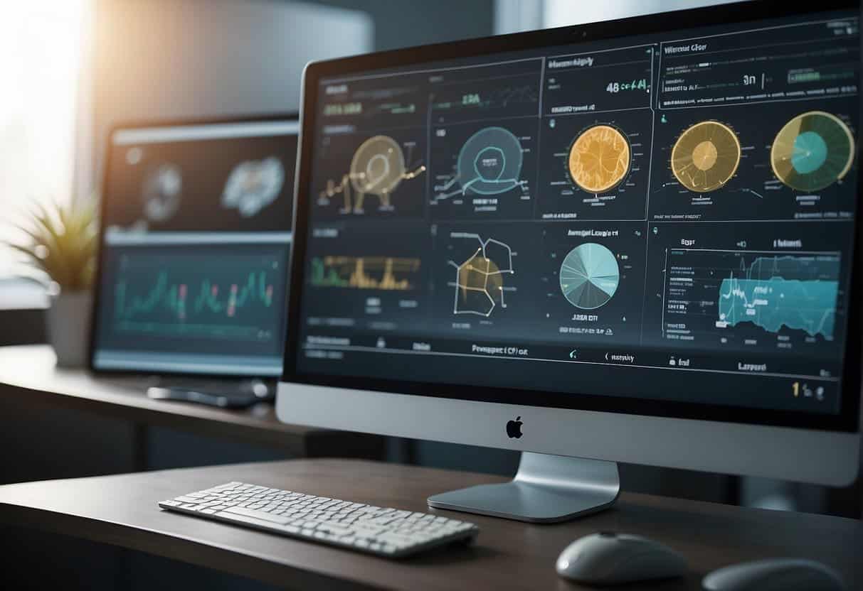 An AI program analyzes veterinary data, displaying diagnostic results and treatment options on a computer screen