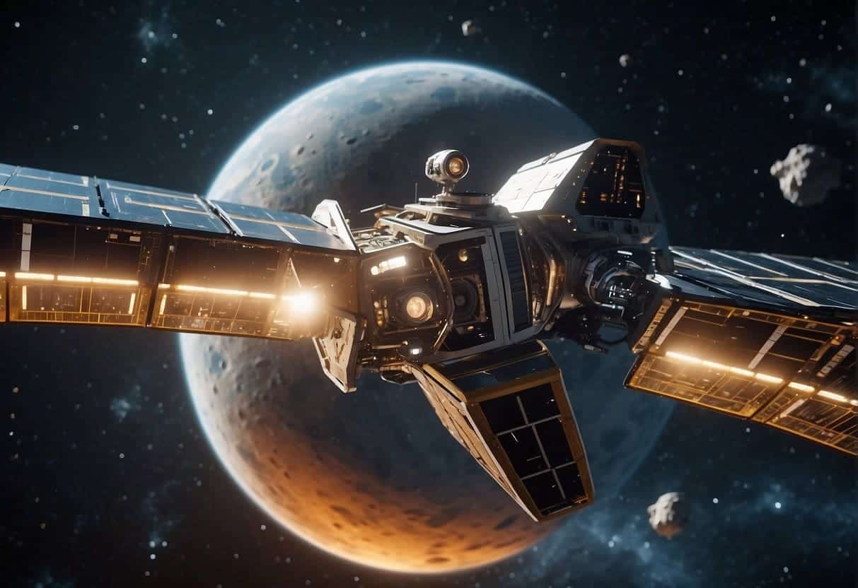 AI navigates a spacecraft through asteroid fields, avoiding collisions. Data is collected and analyzed automatically, enabling efficient space exploration