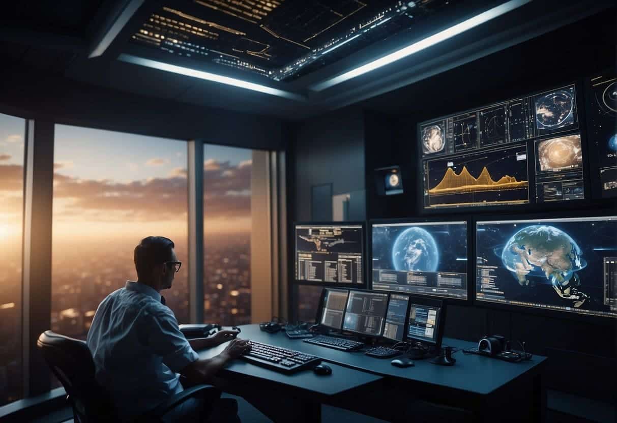 In a high-tech control room, AI systems collect and analyze data from deep space, while communication arrays transmit signals to distant spacecraft