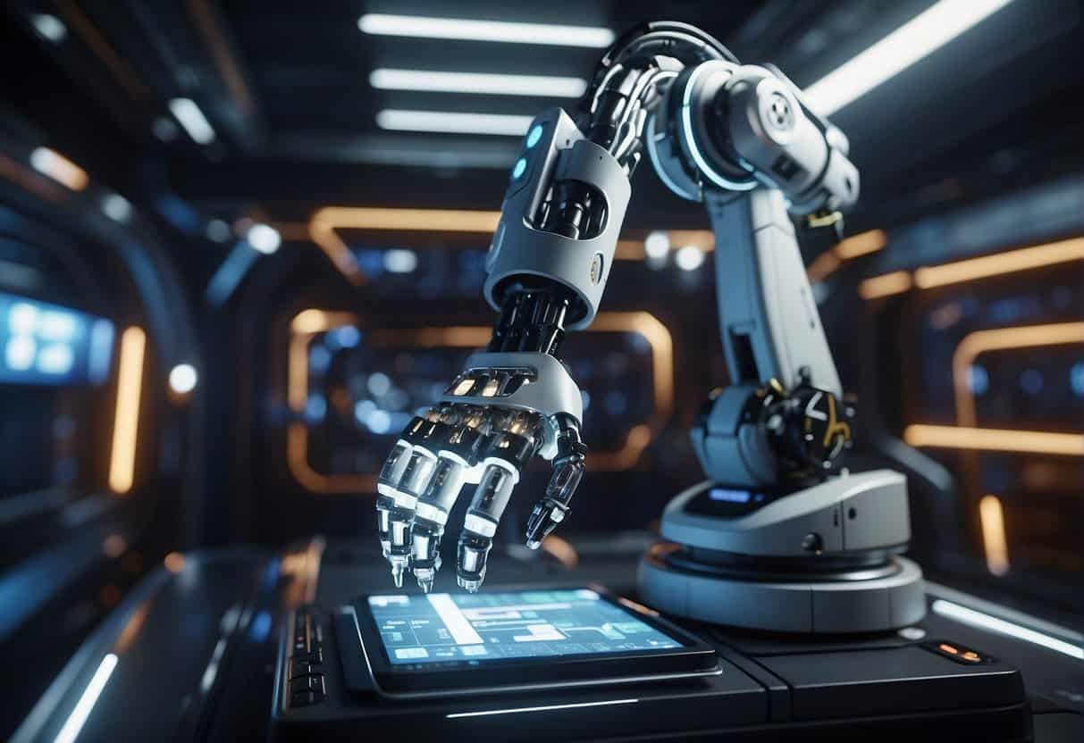Robotic arms collect and analyze data in a space station. AI systems collaborate to automate tasks for space exploration
