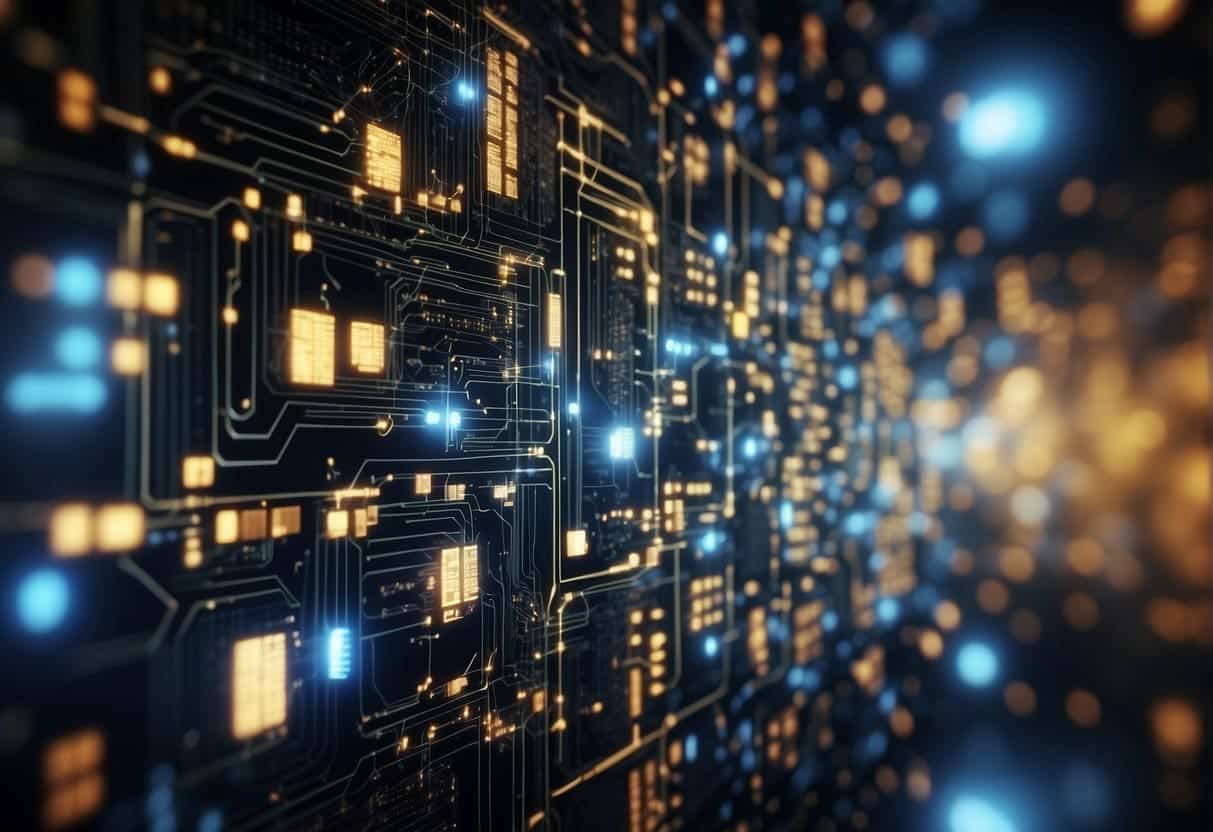 A network of interconnected devices processing data, with AI algorithms making decisions, impacting society