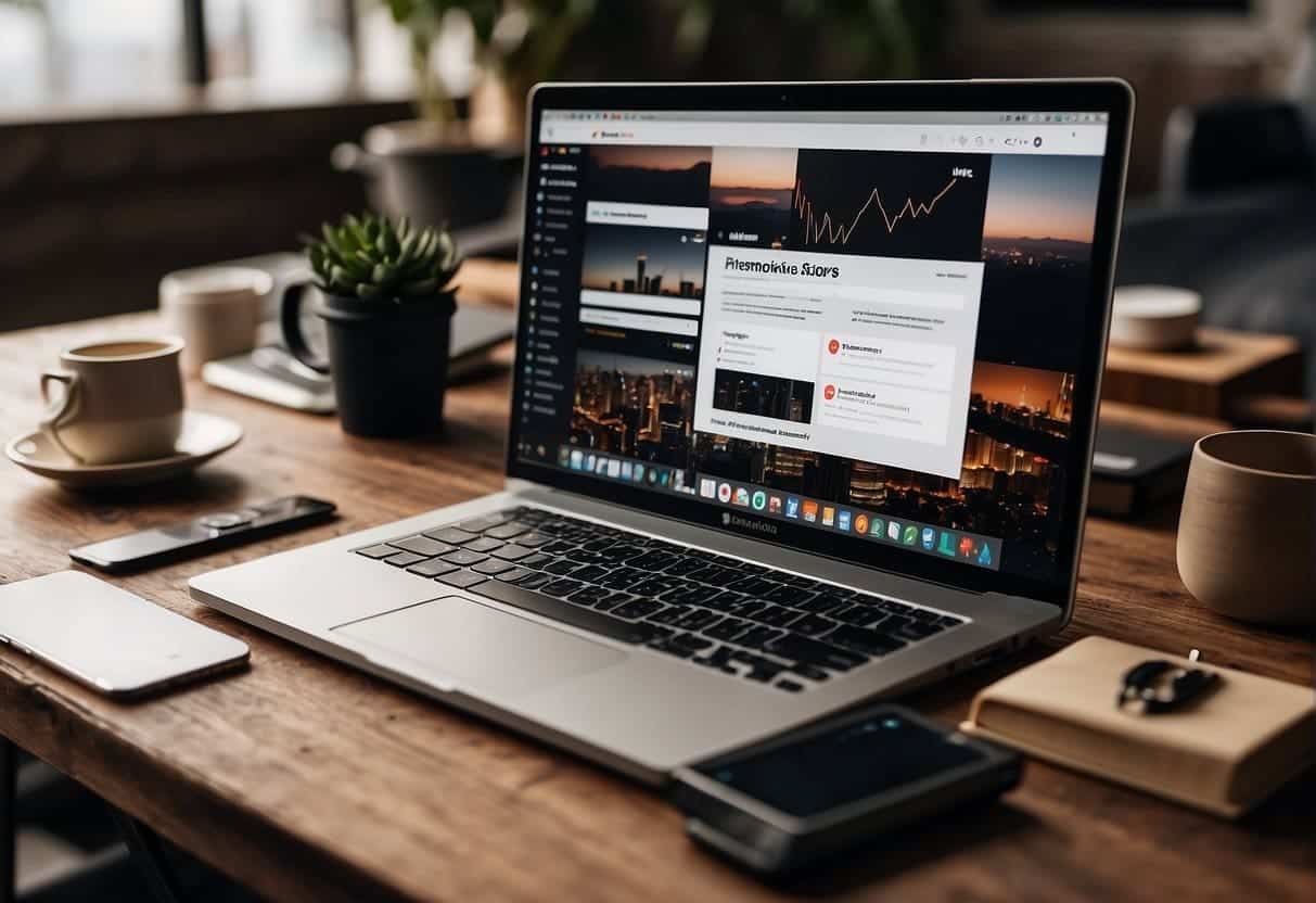 A laptop displaying a Pinterest board with various business marketing strategies and tools. Charts, graphs, and images of products and services are organized in a strategic layout