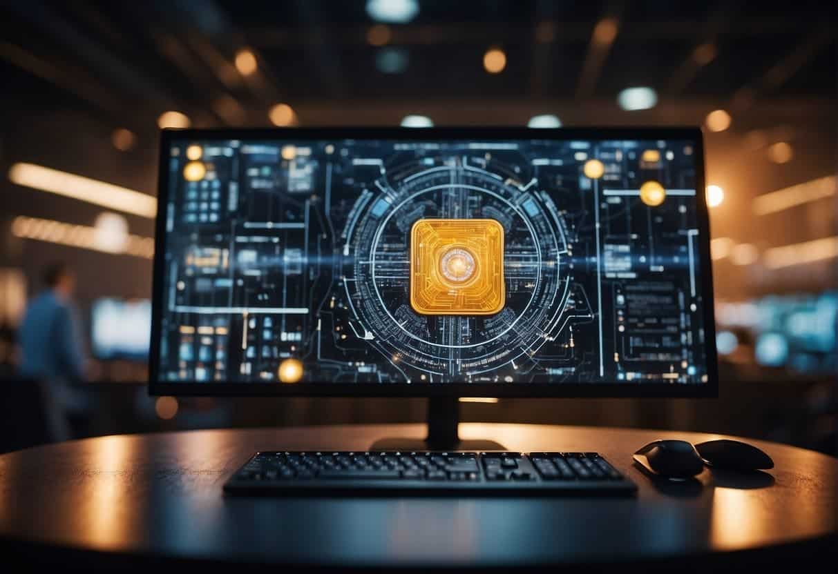 A computer processing data with AI and machine learning concepts displayed on a screen