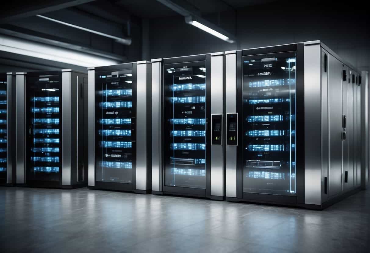 A locked vault with data servers, biometric scanners, and surveillance cameras. Access control measures like encryption and firewalls in place