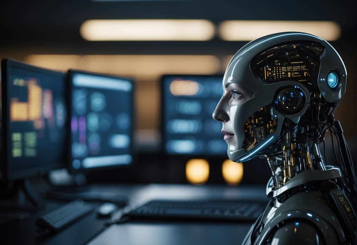 AI systems being monitored and maintained. Data securely stored and handled. No humans or body parts