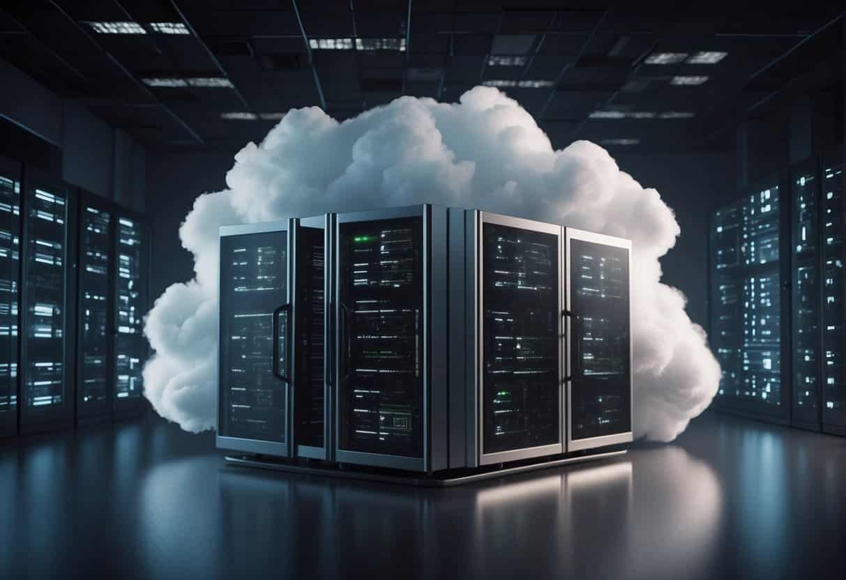 A cloud server surrounded by security measures, with data being securely stored and processed for AI