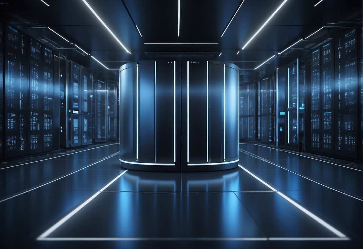 A secure data storage facility with AI algorithms processing and analyzing data streams in a futuristic, high-tech environment