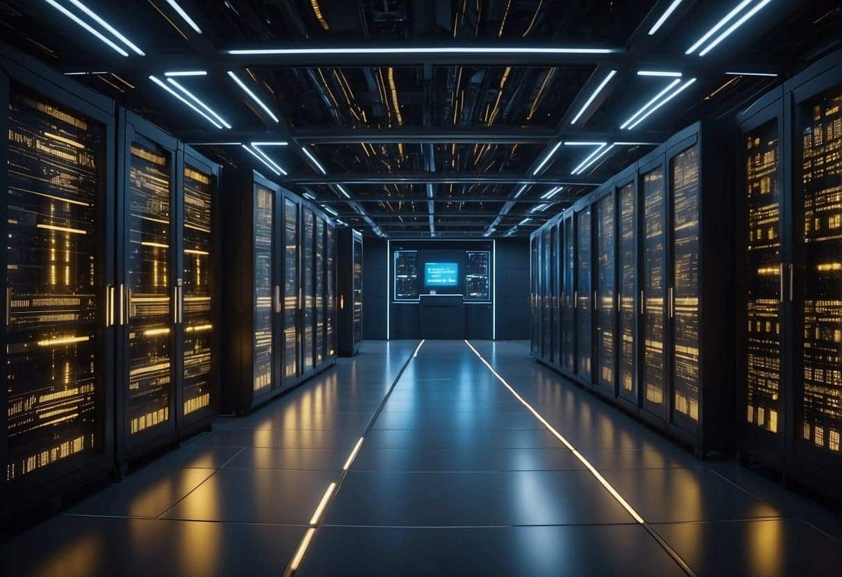 A futuristic AI server room with rows of glowing data servers and advanced security measures