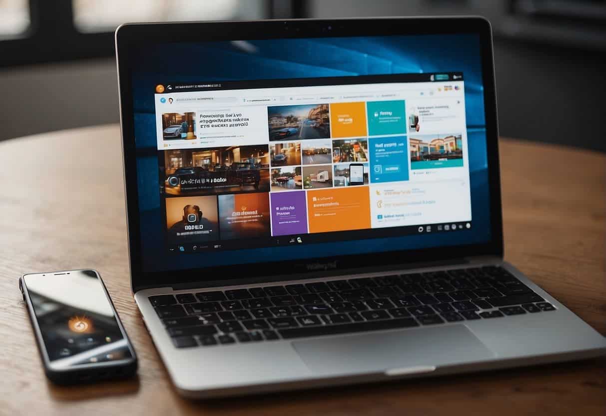 A laptop displaying AI-generated video content, surrounded by diverse marketing materials, with a small business logo prominently featured