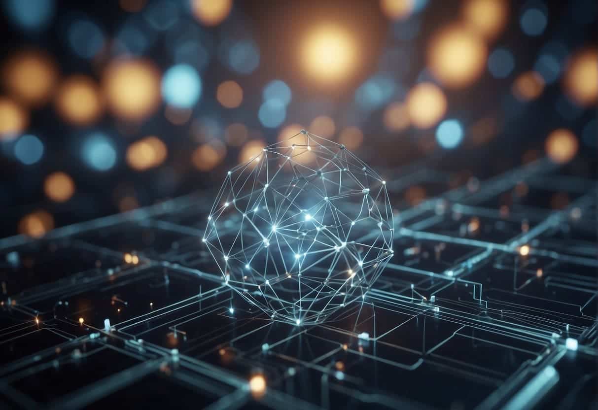 An AI algorithm analyzes blockchain data, while a network of interconnected nodes forms in the background