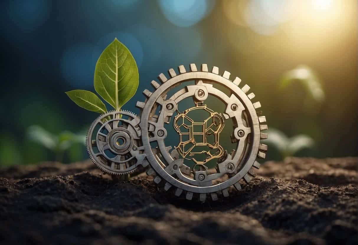 AI and Blockchain merge, symbolized by two interconnected gears. SMEs benefit from this convergence, represented by a growing plant sprouting from the center