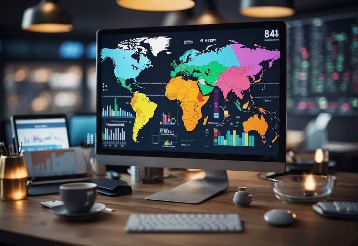 A colorful pinboard with various business-related images and graphics, surrounded by analytics charts and demographic data