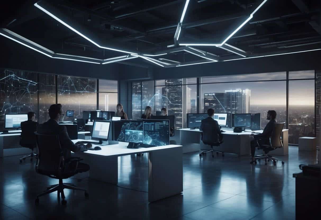 A futuristic office setting with AI and blockchain technology integrated into the workspace. SME employees collaborating on innovative solutions