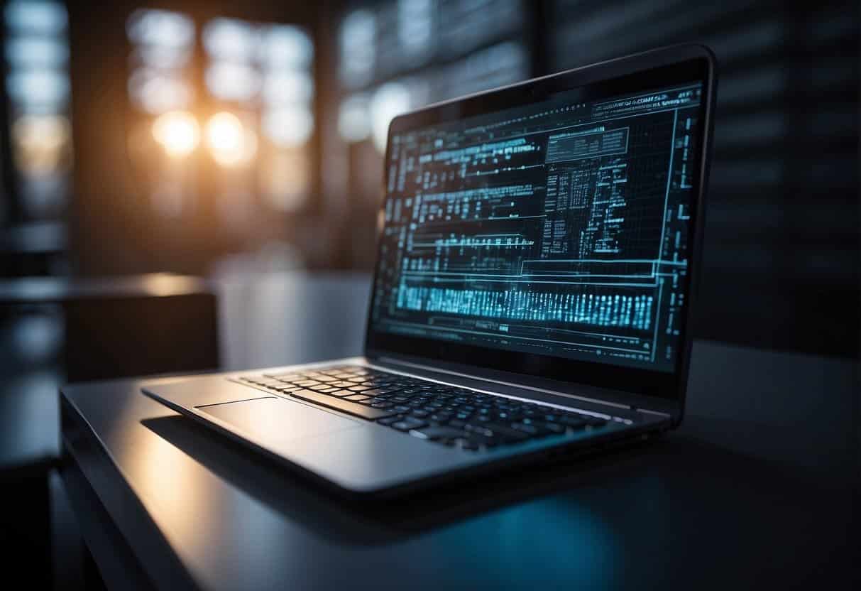 A computer using AI to design a website for a small business, with lines of code and visual elements coming together on the screen