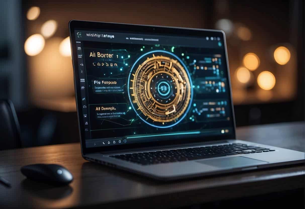 A computer screen displaying AI tools creating a visually stunning website for a small business. The tools are manipulating colors, shapes, and layout to enhance the overall design
