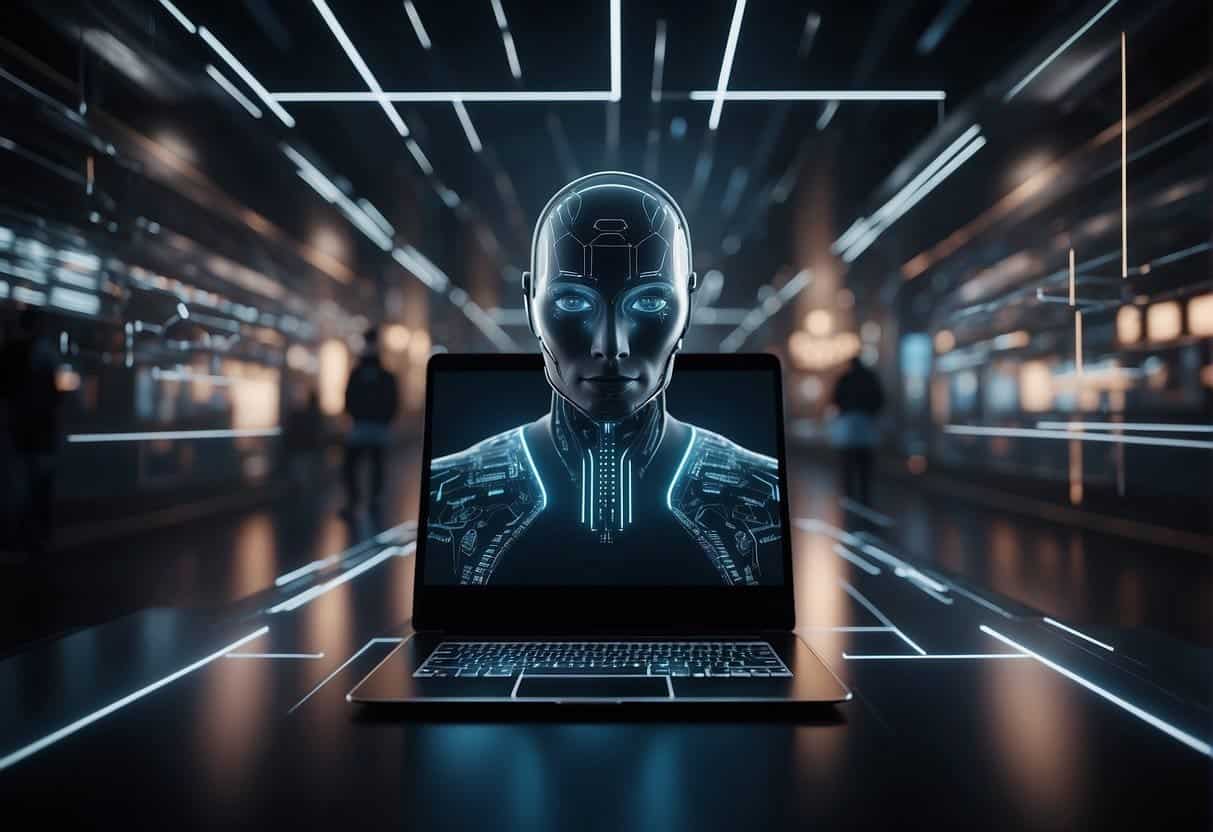 A futuristic AI algorithm shapes a sleek, minimalist website for a small business, using advanced design elements and intuitive user interfaces