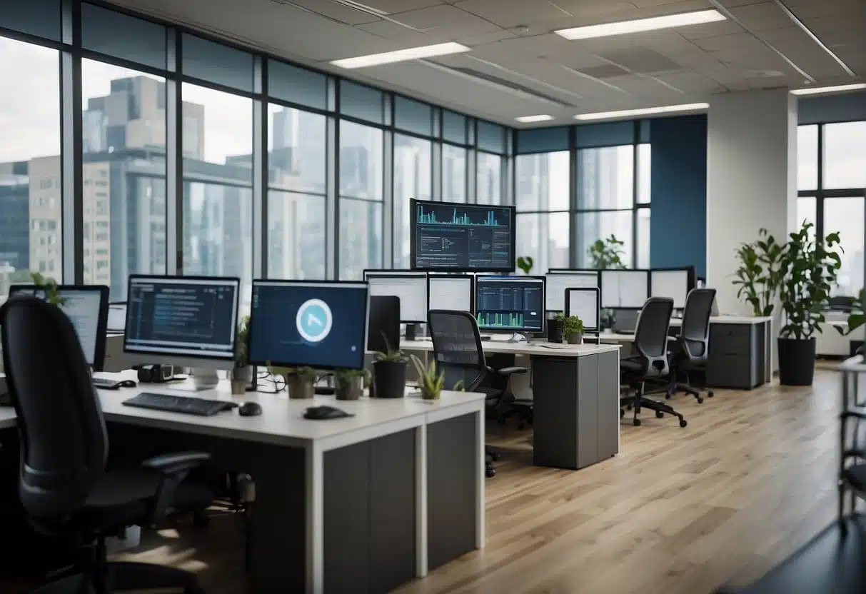 A bustling office with AI systems streamlining processes for non-profits. Digital dashboards display real-time data, while staff collaborate seamlessly