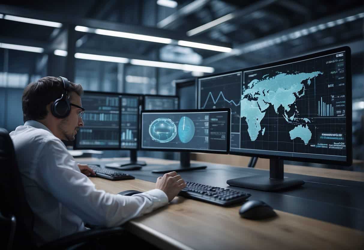 An AI system processes data, generating reports and ensuring compliance with business regulations. The technology enhances transparency and accuracy in reporting