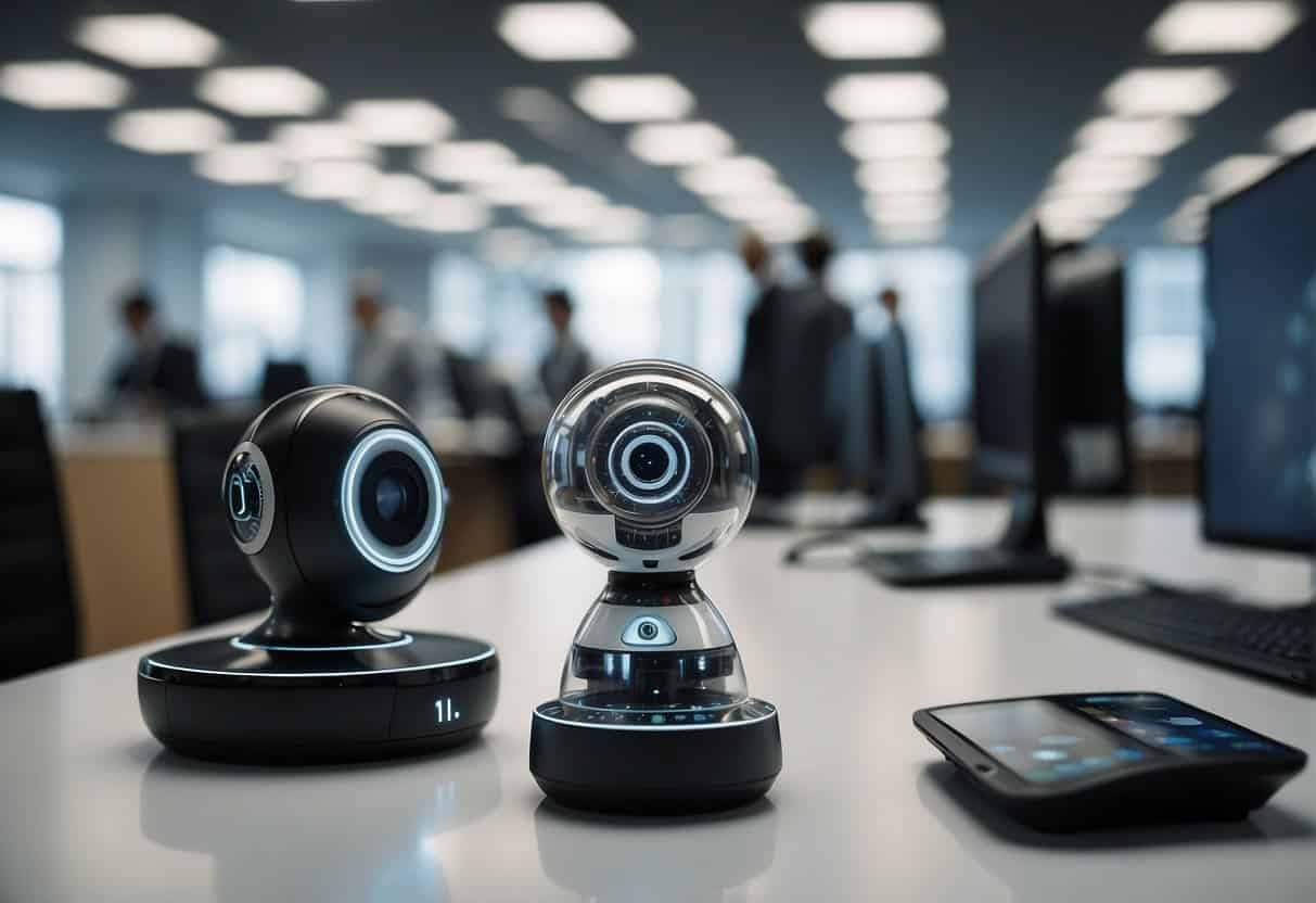 AI with IoT devices working together in a modern office setting, exchanging data and optimizing business processes