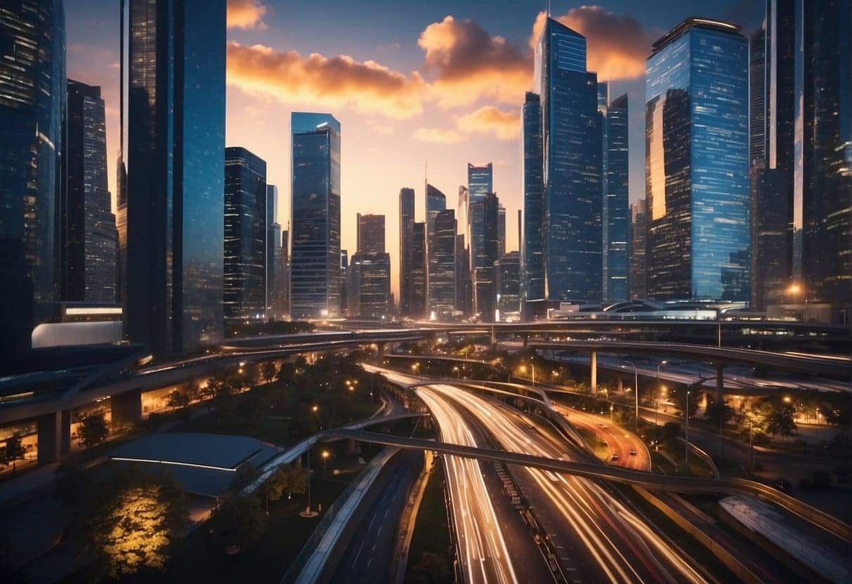 A bustling city skyline with interconnected buildings and smart infrastructure, seamlessly integrating AI and IoT technologies for efficient business operations