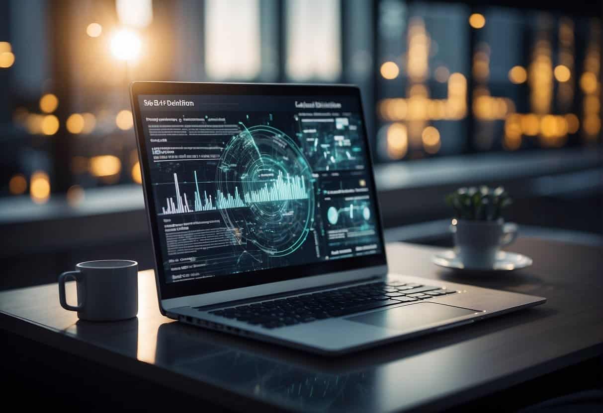 A computer screen displays various SEO tools and analytics. A web of interconnected topics forms a cluster model, symbolizing content silos and topical authority