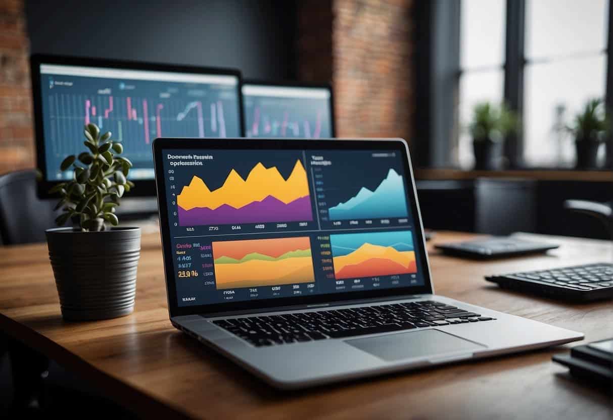 A colorful digital workspace with various marketing tools and team collaboration features displayed on a computer screen. Charts and graphs show pricing and plans