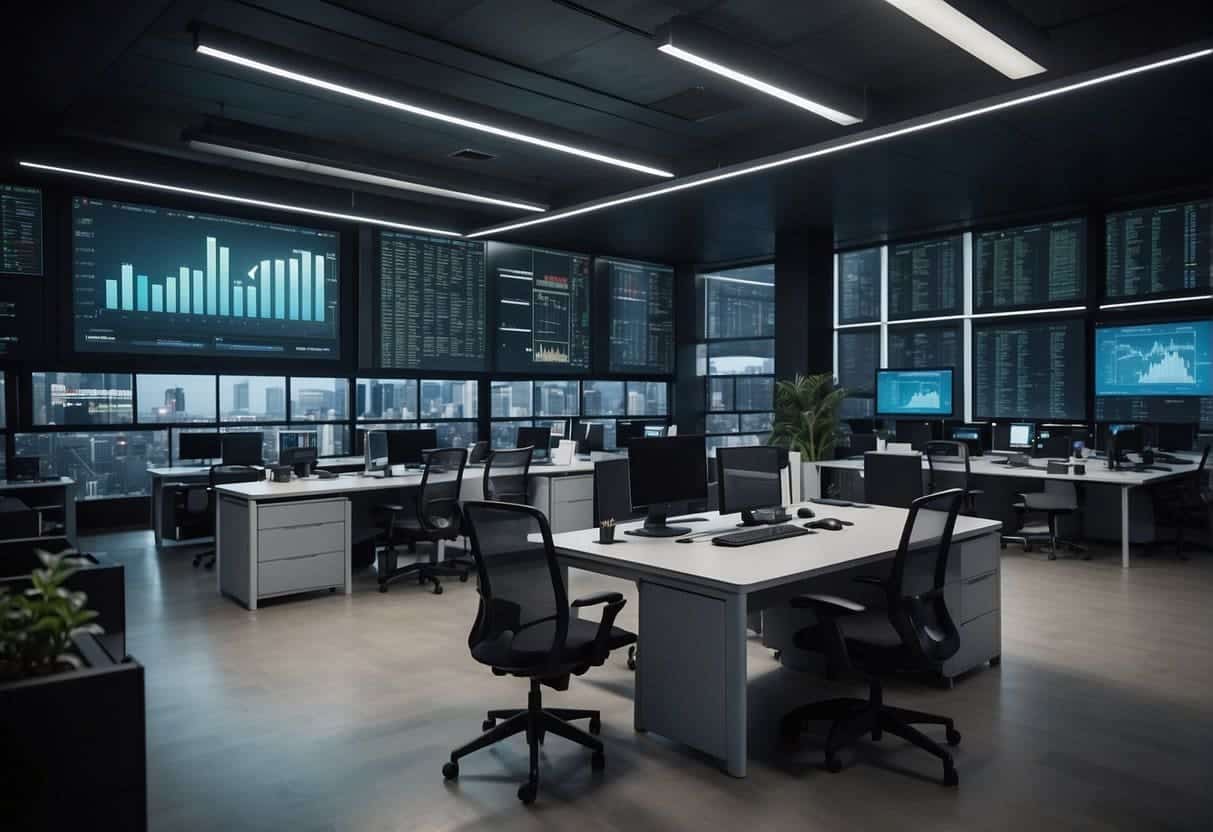 A modern office with AI technology seamlessly integrating with SME operations, increasing efficiency and productivity. Data analytics and performance metrics displayed on screens
