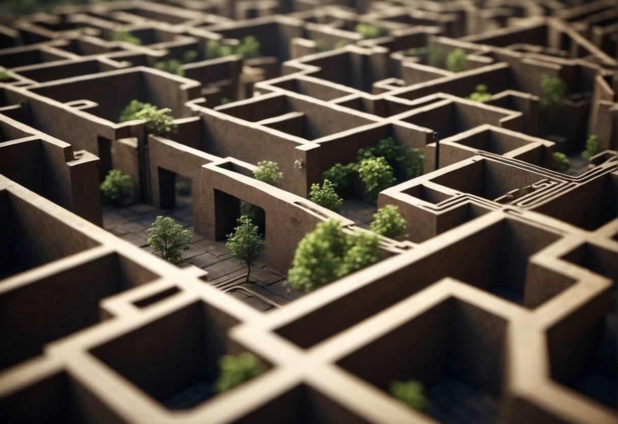 A maze with various paths and obstacles, representing the challenges and pitfalls of AI investments. A scale at the end measures the ROI for SMEs