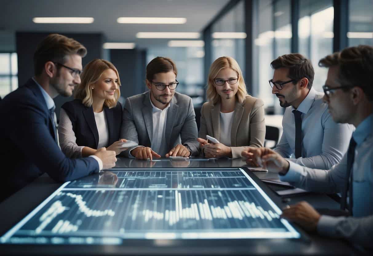 A group of professionals analyzing data and charts, discussing AI strategy and ROI for SMEs in a modern office setting
