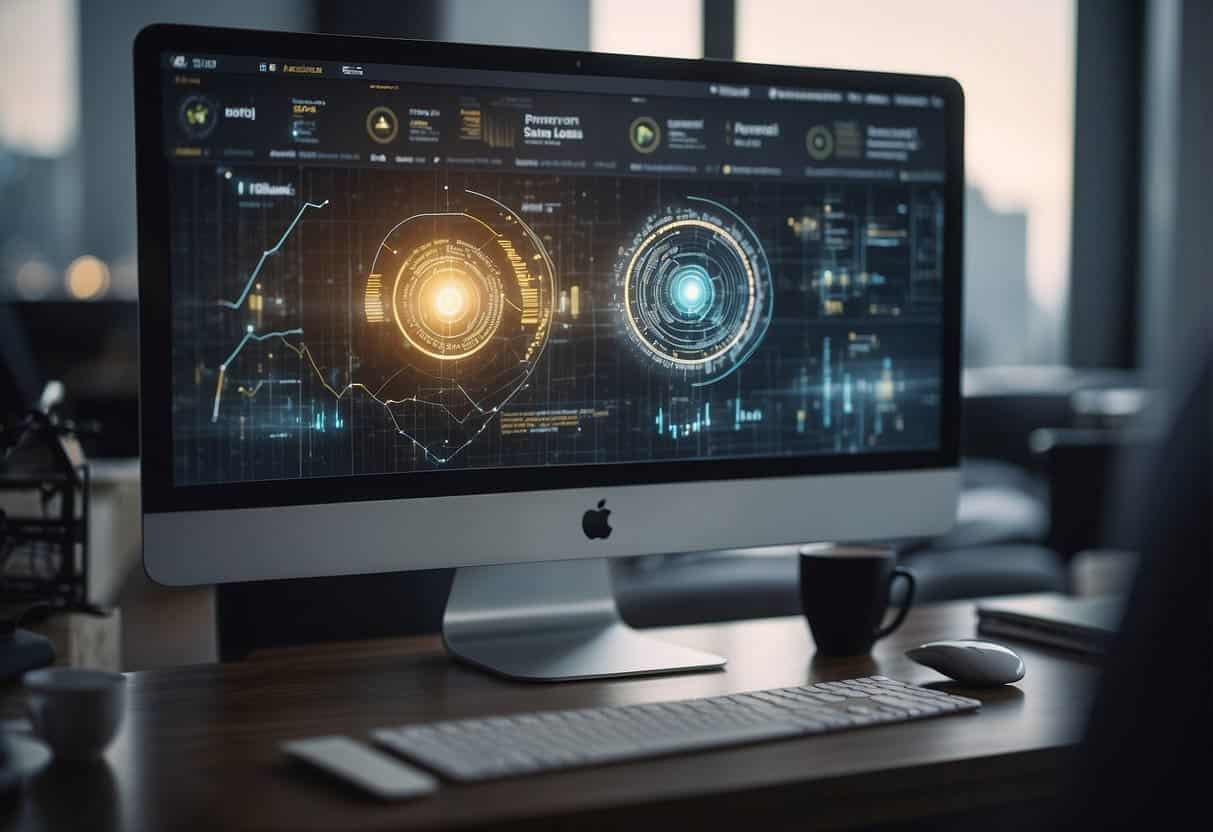 AI tools analyze data, streamline SEO audits, and competitor analysis. Visualize AI algorithms processing information and generating insights for digital marketing
