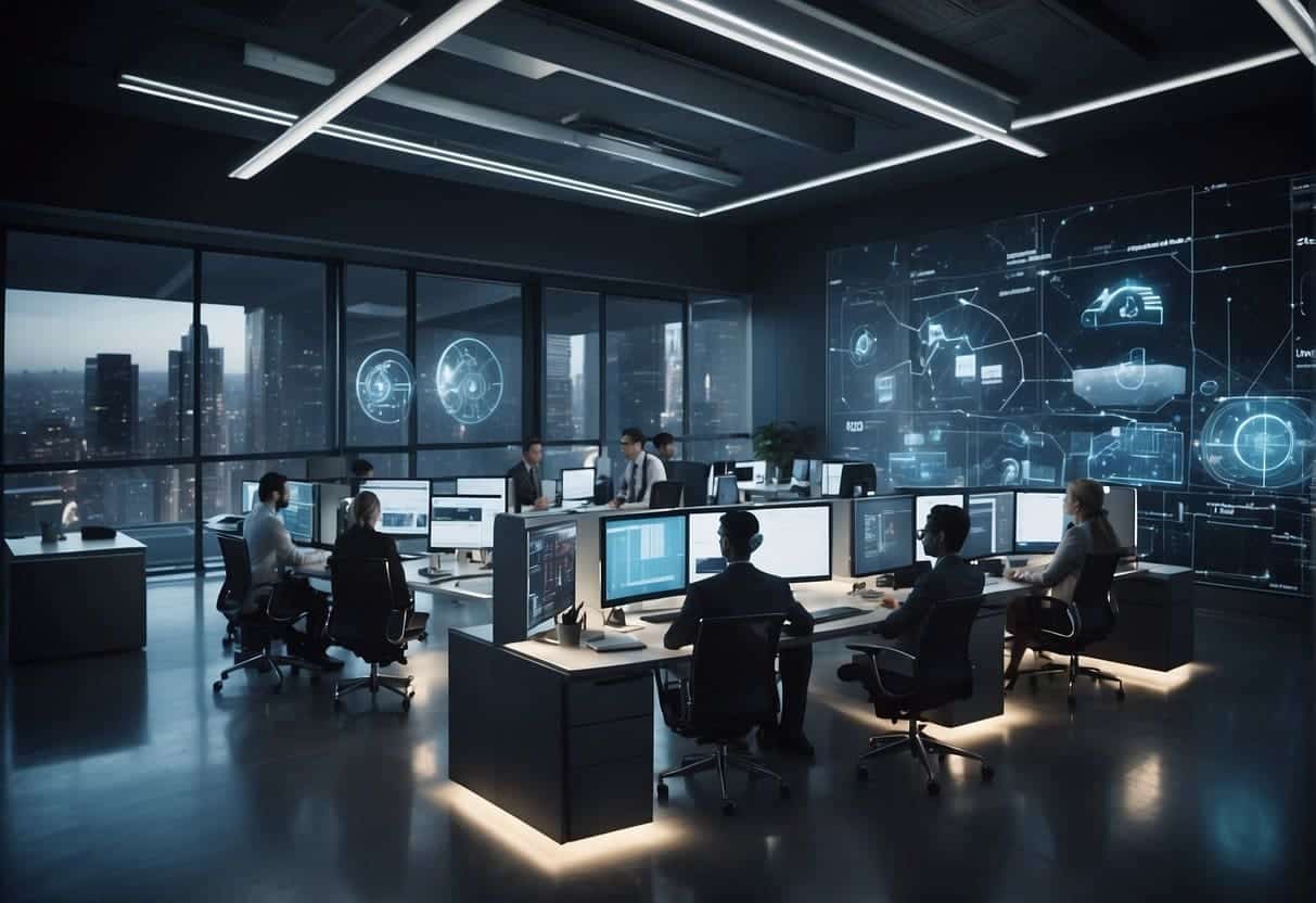 An office with futuristic technology, AI algorithms, and researchers collaborating on advanced projects