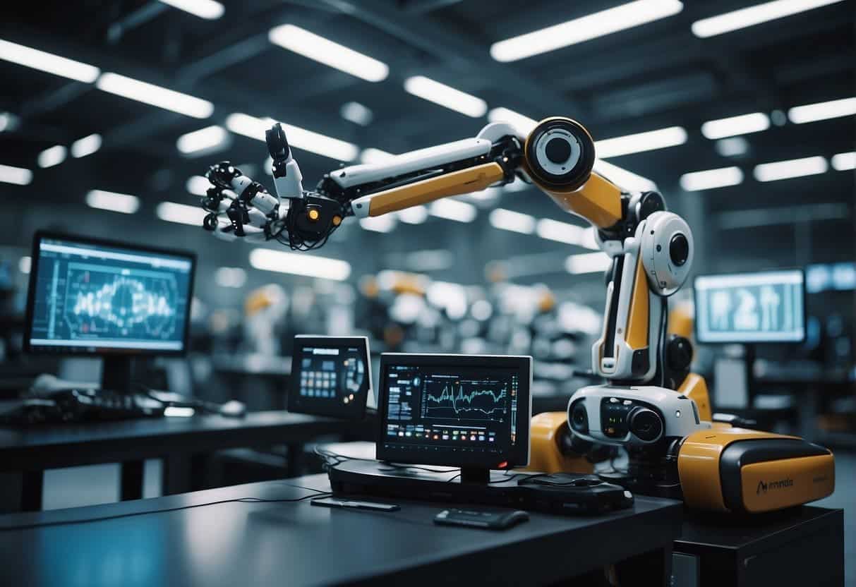 Robotic arms assemble products in a futuristic factory, while AI analyzes market trends on digital screens