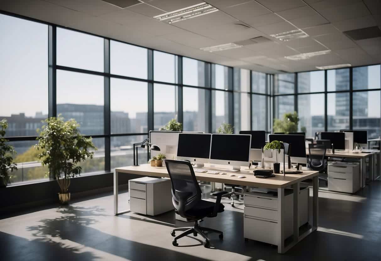 A modern office space with AI technology seamlessly integrated into everyday business operations, showcasing a dynamic and flexible environment for SMEs