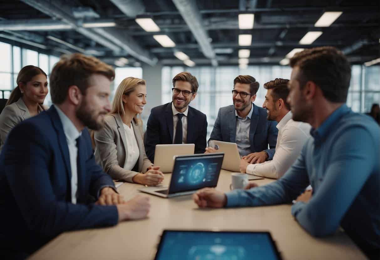 A group of workers engage with AI technology in a modern office setting, collaborating and learning to stay ahead in the ever-changing business landscape