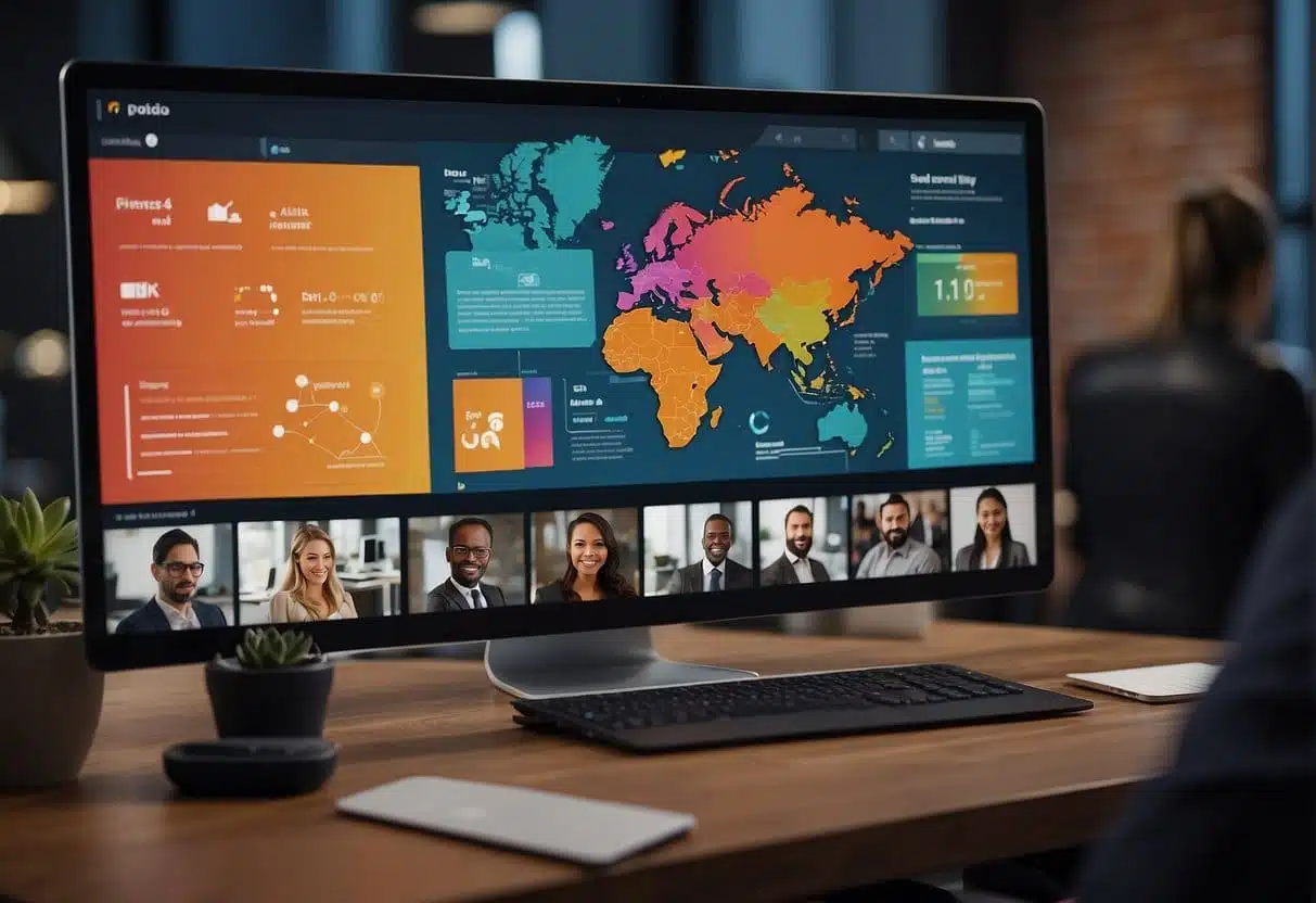 A marketing team gathers around a computer, using Podio to collaborate on client relations. The screen displays a colorful interface with various project management tools