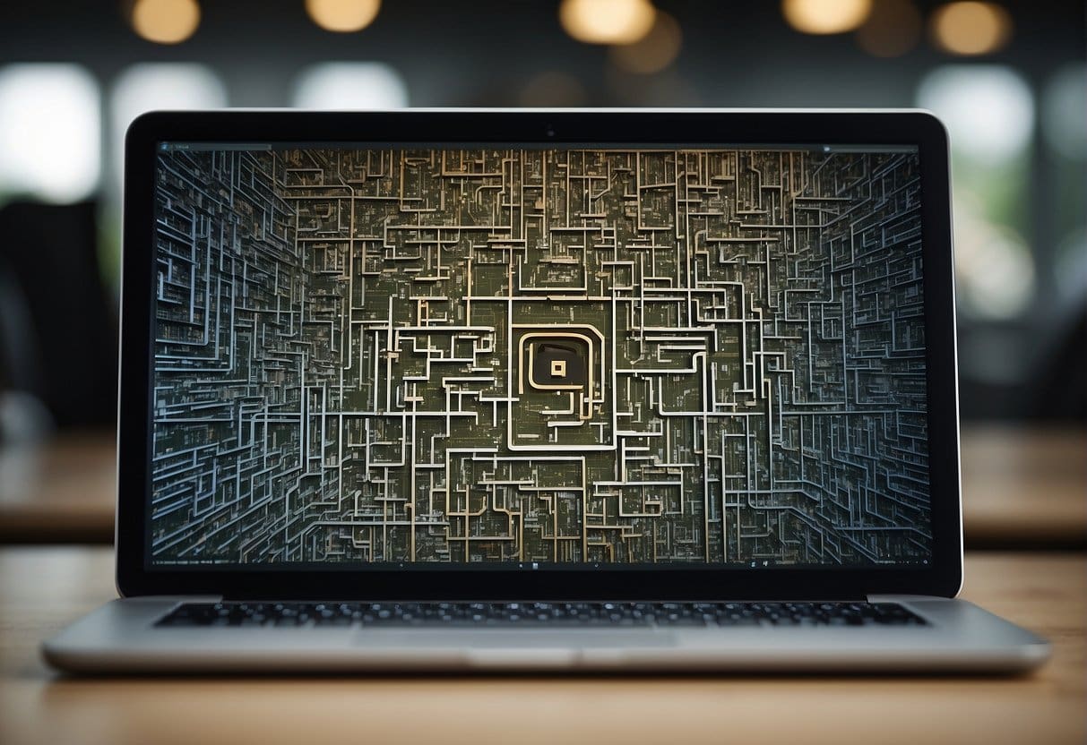 A computer screen displaying a web page with various affiliate and syndicated content. A maze representing the challenges of thin content for SEO