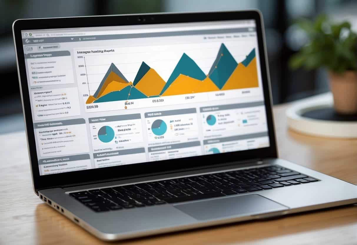 A laptop displaying AMP pages ranking high in search results, with a graph showing increased traffic. A contrasting graph shows potential drawbacks