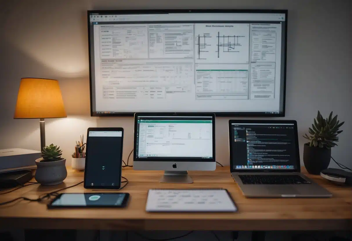 A desk with a computer, tablet, and smartphone, all displaying the Sketch app. Cables and chargers are neatly organized, and a whiteboard with workflow diagrams hangs on the wall
