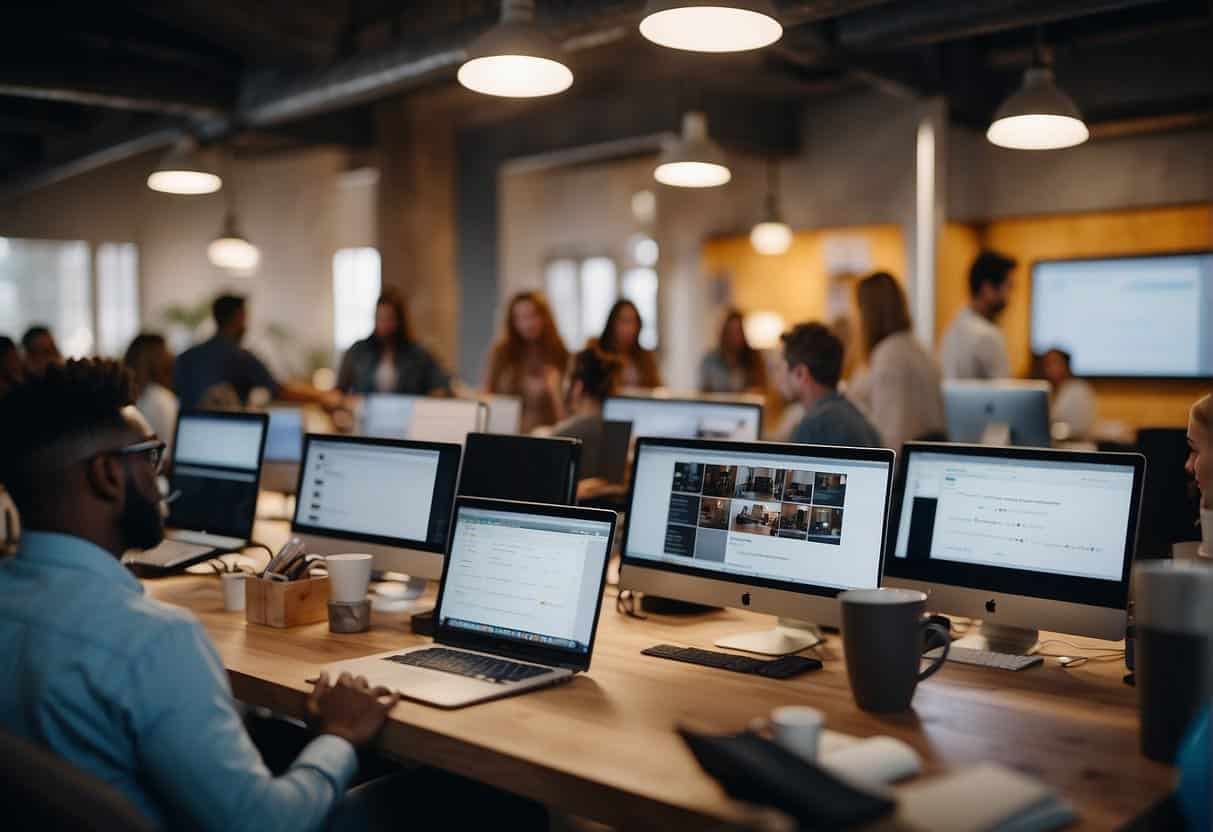 A group of small teams collaborating in a shared workspace, surrounded by whiteboards, sticky notes, and laptops. An atmosphere of creativity and teamwork is evident