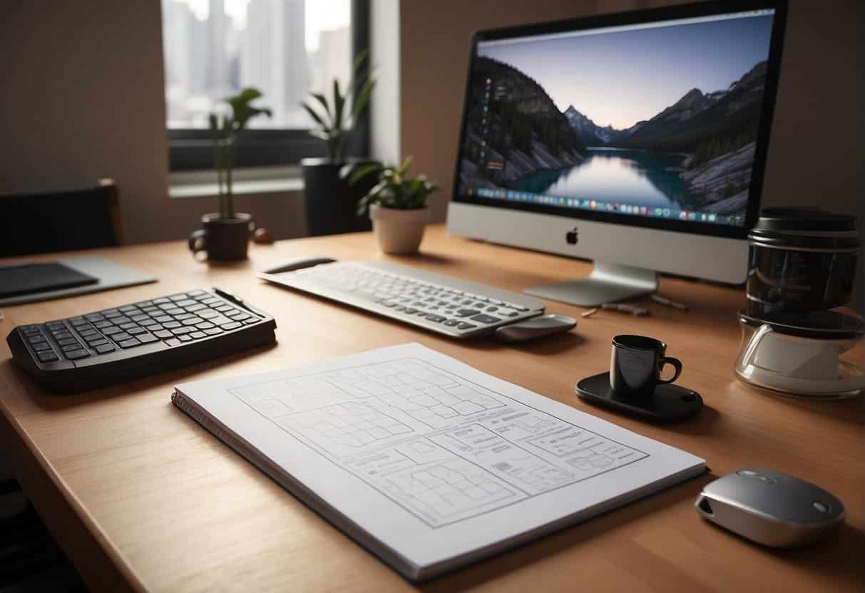 A desk with a computer, sketch interface on the screen, pencils, and paper. A book titled "Mastering the Sketch Interface Sketch: A Comprehensive Guide for Small Teams" is open on the desk