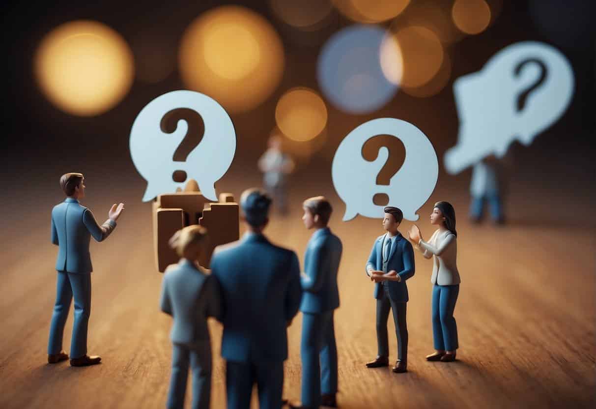 A group of small team members surrounded by question marks, engaged in conversation and referencing a comprehensive guide