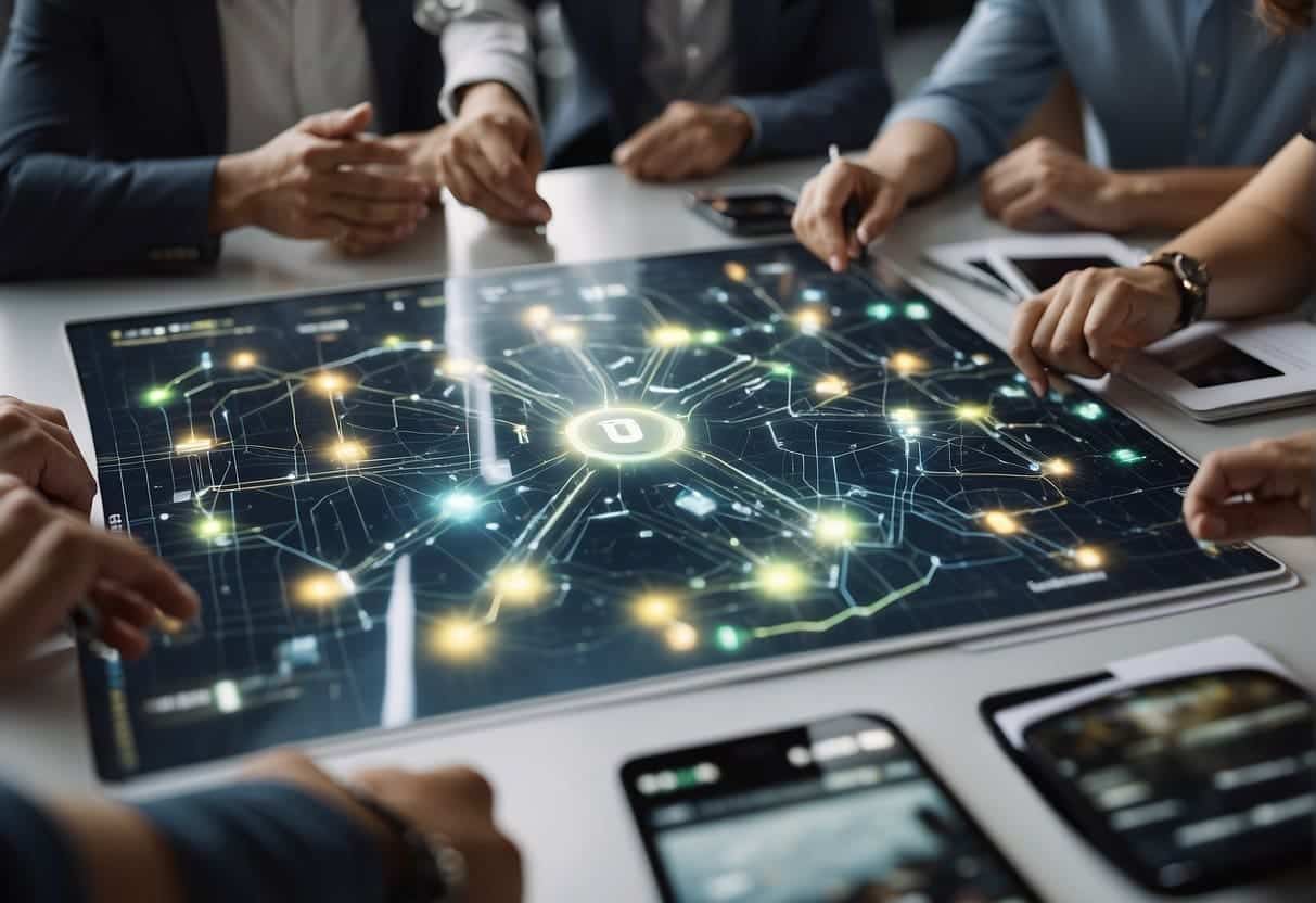 A group of small teams collaborating on advanced features and techniques, brainstorming and problem-solving in a dynamic and innovative environment