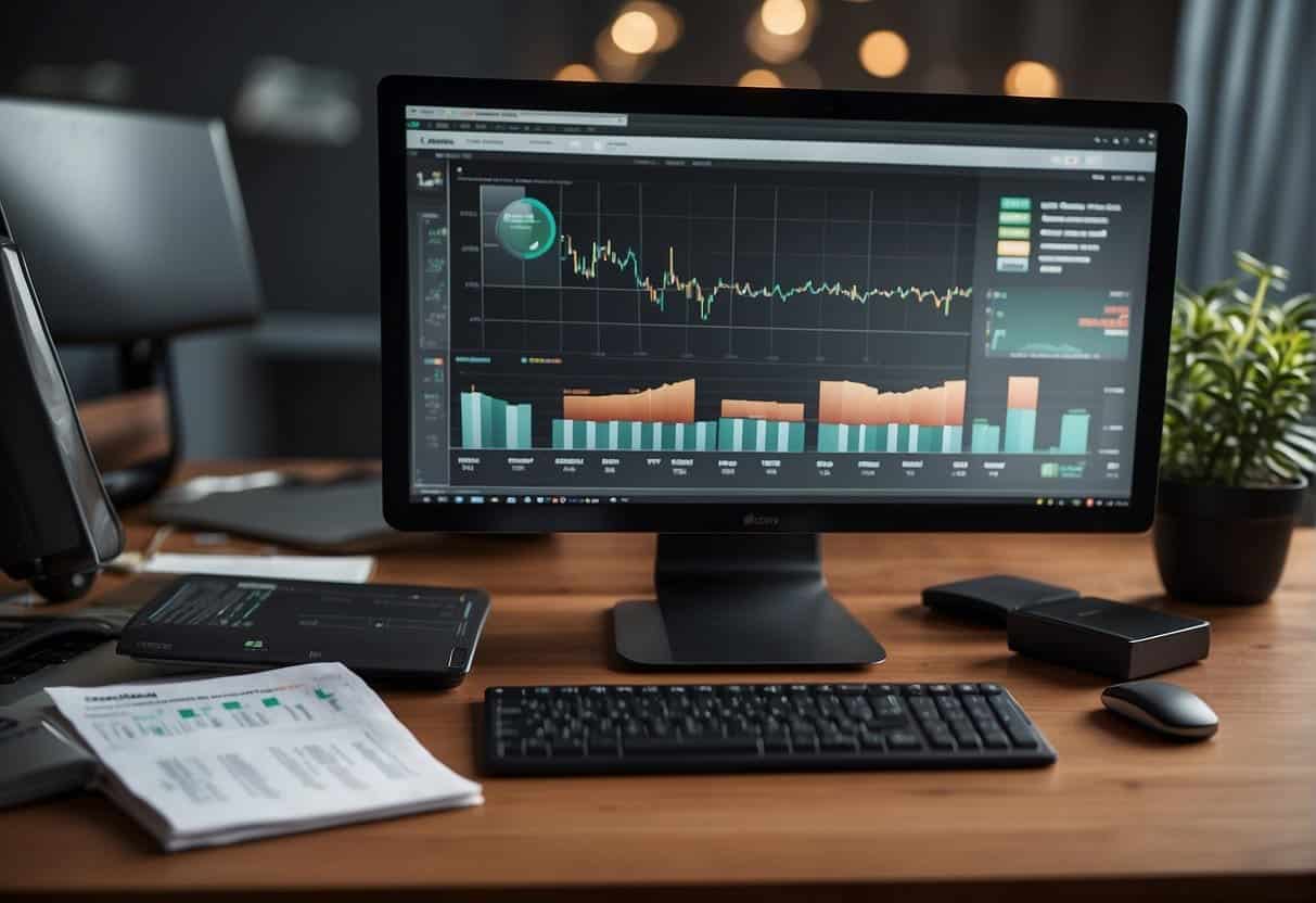 A desk with a computer displaying Asana, surrounded by marketing materials and data charts, with a focus on measuring impact and productivity