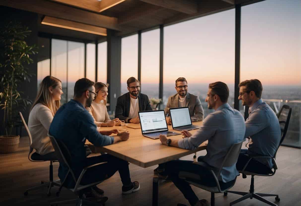 A group of SME team members sit around a table, each with a device, working together on a design project using Figma's real-time collaboration features