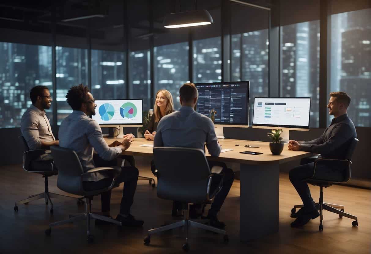 A group of diverse professionals collaborate on a digital design project using Figma, showcasing teamwork and innovation for business growth