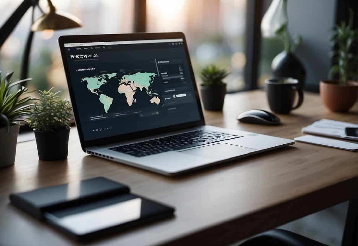 A computer screen displaying InVision's prototyping tools with a sleek, modern desk setup and creative materials scattered around