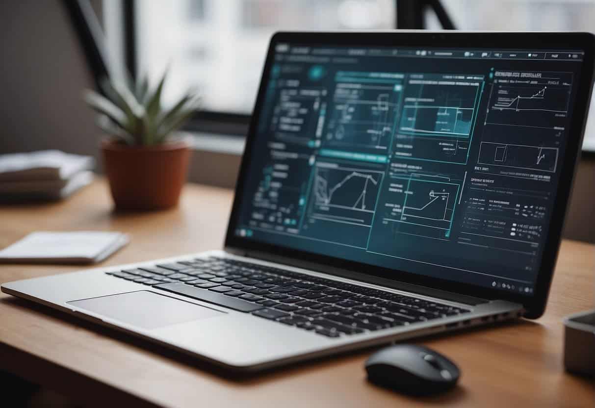 Axure - A computer screen with wireframing software open, a mouse and keyboard nearby, and a notebook with sketches and notes on a desk