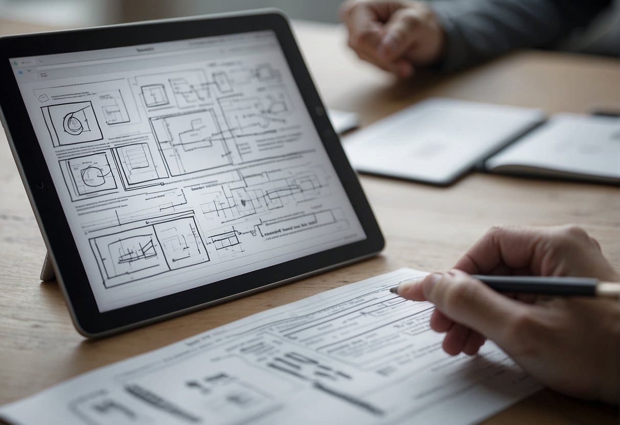 A hand holding a pencil sketching wireframes on a tablet, with feedback notes and arrows pointing to different elements