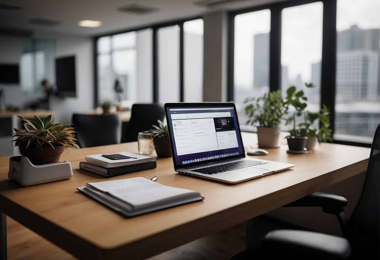 A desk with a computer, notebook, and pen. A whiteboard with marketing campaign ideas. Asana app open on the computer screen, with tasks and deadlines visible