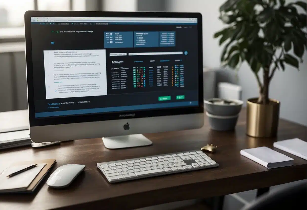 A computer screen with Balsamiq interface open, surrounded by FAQ documents and a stopwatch